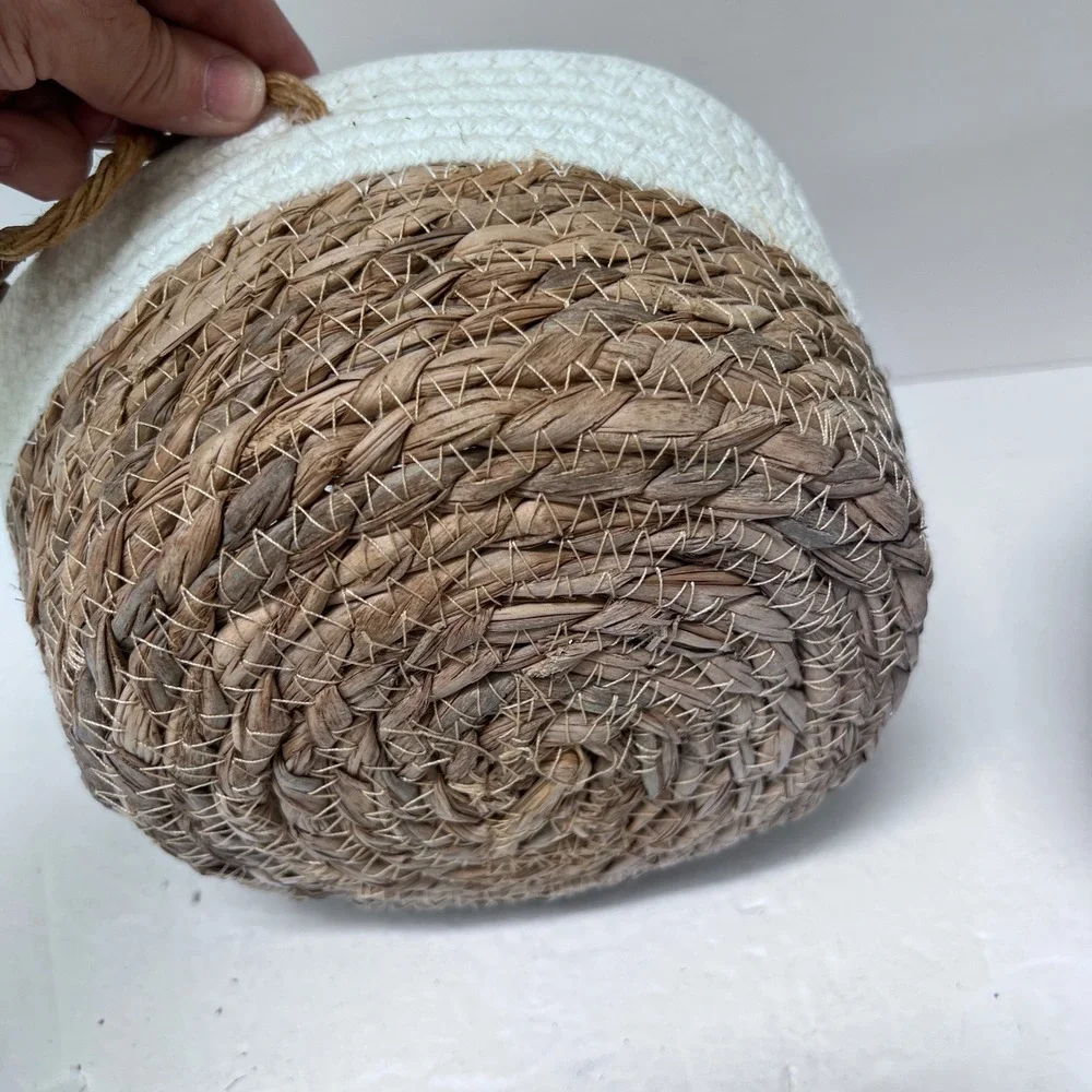 Set‎ of 3 Woven Hanging Baskets White Brown Cotton Rope Seagrass Boho Decor READ